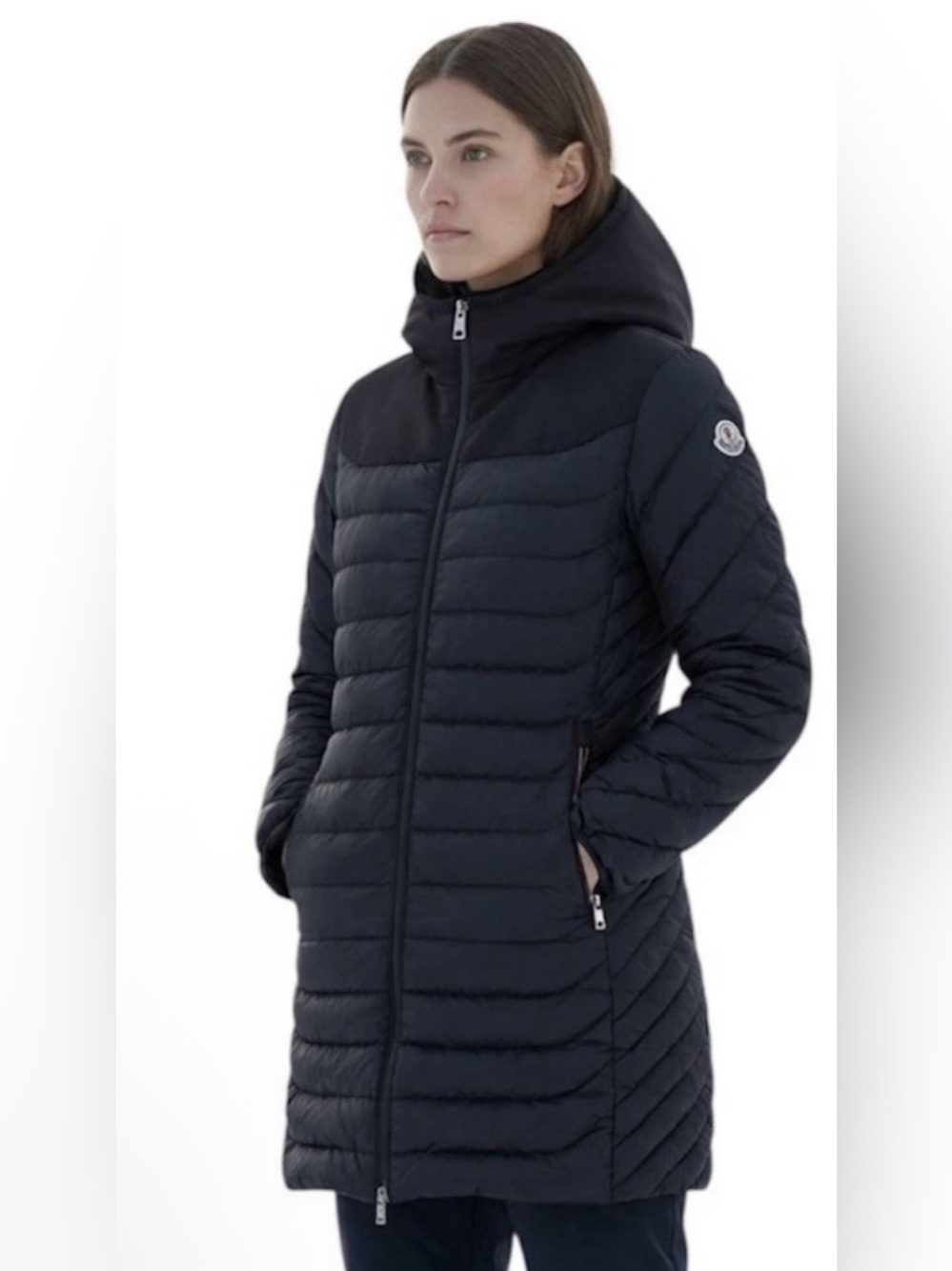 Moncler long hooded quilted down puffer coat M/L